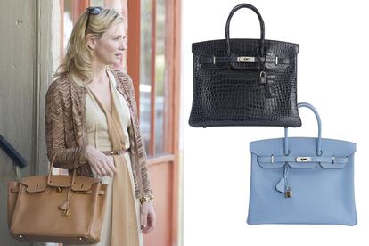 Cate Blanchett luciendo el ‘Birkin’ en ‘Blue Jasmine’ y dos de los ejemplares a la venta en Vestiaire Collective.