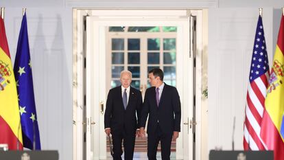 El presidente de Estados Unidos, Joe Biden, y el jefe del Gobierno español, Pedro Sánchez, este martes durante la rueda de prensa conjunta celebrada en La Moncloa.