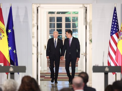 El presidente de Estados Unidos, Joe Biden, y el jefe del Gobierno español, Pedro Sánchez, este martes durante la rueda de prensa conjunta celebrada en La Moncloa.