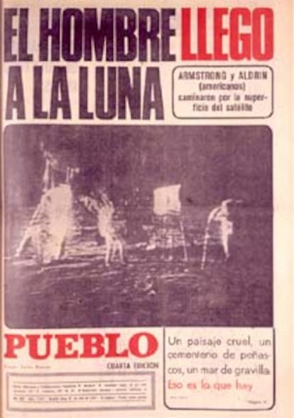 Las afortunadas, y escasas, familias españolas que tenían
televisión pudieron seguir junto a otros 500 millones de
espectadores de todo el mundo lo que llegó a considerarse uno de los momentos más importantes de la humanidad. Para los que no poseían el preciado aparato estaban los periódicos como <i>Pueblo</i>.