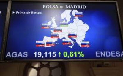 Monitor en la bolsa de Madrid que muestra, entre otras, la prima de riesgo de España. EFE/Archivo