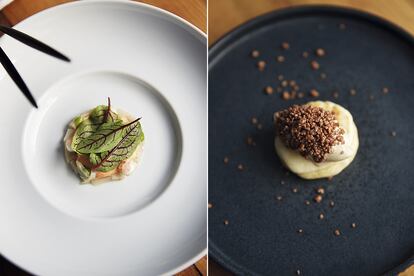 Dos de los platos del restaurante: Salpicón de navajas con mojo de acederas y aceite de Pájara (Fuerteventura) y Brioche con helado de gofio de Gáldar (Gran Canaria) y dulce de leche de cabra.