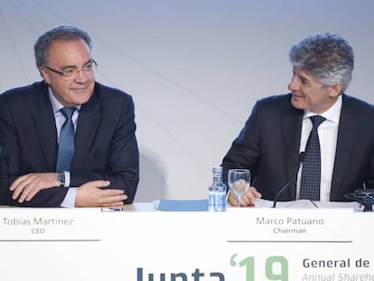 Tobías Martínez y Marco Patuano, consejero delegado y presidente de Cellnex, respectivamente.