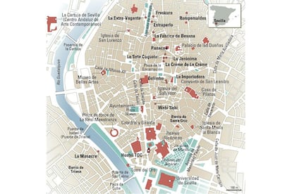 Mapa de Sevilla con los bares y comercios localizados.