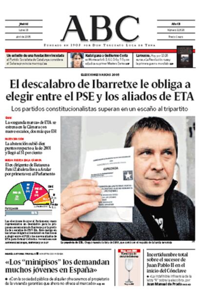 <I>ABC</I> destaca: "El descalabro de Ibarretxe le obliga a elegir entre el PSE y los aliados de ETA". Para este peridico Ibarretxe "ha fracasado personalmente y,
con l, la estrategia de su partido, que no ha movilizado a su electorado" y que el PSE "ha tenido un resultado adaptable a sus necesidades" y que "corresponde ahora al presidente Zapatero la direccin estratgica de un proceso que tcticamente ha logrado situar en los parmetros que deseaba".