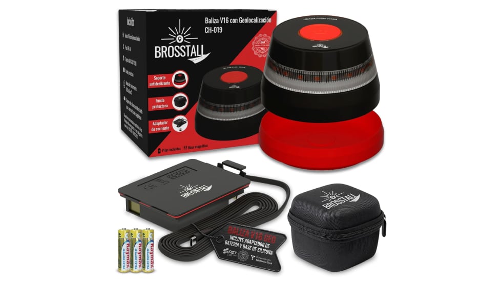 Baliza de emergencia V16 con adaptador de batería USB y tres pilas incluidas.