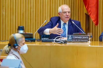 Josep Borrell, durante la comparecencia en la comisión del Congreso de los Diputados para la reconstrucción.