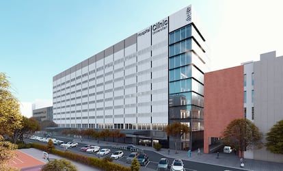 Simulación de la fachada del nuevo edificio de hospitalizaciones del Clínico de Valencia, en la avenida Menéndez Pelayo, frente al campus de la Universitat de València en Blasco Ibáñez.