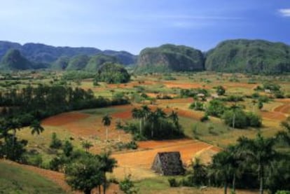 Vista de los Mogotes, en el valle de Viñales, con la sierra de Guaniguanico al fondo.