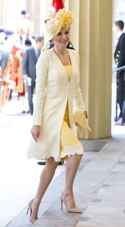 La reina Letizia, vestida de Felipe Varela, en su visita de Estado a Londres el pasado julio.