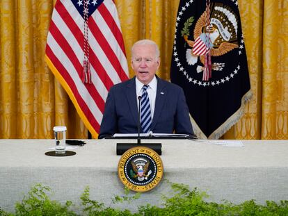 President Joe Biden speaks during a meeting about cybersecurity, in the East Room of the White House, Aug. 25, 2021, in Washington.