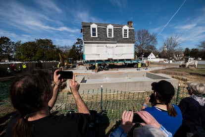 The Bray School is aligned with a set foundation at its new location in Colonial Williamsburg in Williamsburg, Va. on Friday, Feb. 10, 2023 after it was moved from the William & Mary campus.