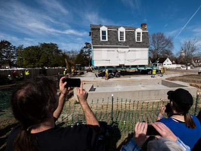 The Bray School is aligned with a set foundation at its new location in Colonial Williamsburg in Williamsburg, Va. on Friday, Feb. 10, 2023 after it was moved from the William & Mary campus.