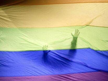 Um homem atrás de uma bandeira LGBTQ gigante em um protesto em Berlim, em setembro de 2017.