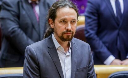 El vicepresidente segundo de Derechos Sociales y Agenda 2030, Pablo Iglesias, este martes, durante la sesión de control al Gobierno en el Senado. 