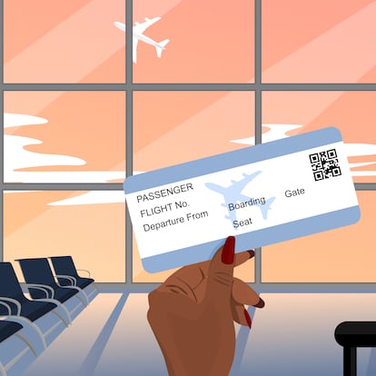 Traveling by airplane illustration concept shows a woman who has dark skin tone looking at her boarding pass and seeing the runway view in the departure terminal at airport for traveling to abroad.