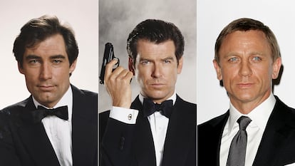 De izquierda a derecha, retratos de Timothy Dalton, Pierce Brosnan y Daniel Craig, los tres últimos actores que han encarnado a James Bond.