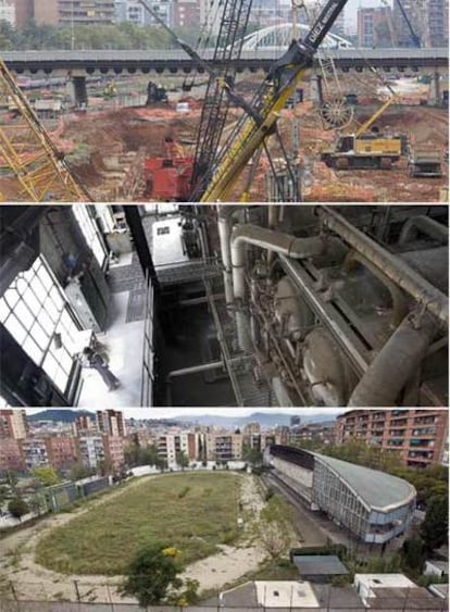 Las grúas ya han llegado a la zona de Sagrera. Arriba, se aprecian los trabajos de excavación de la alta velocidad junto al puente de Calatrava; en medio, la sala de calderas de Can Fabra; abajo, el canódromo.