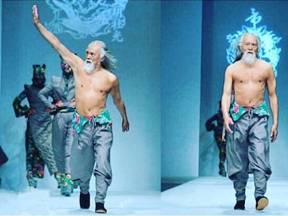 Deshun Wang, de 80 años, desfilando en la Semana de la Moda de China.