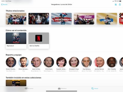 Además de otros títulos relacionados o del propio reparto, con acceso a sus fichas personales, veréis un apartado titulado "Cómo ver el contenido". Esta es la gran novedad de Apple TV ya que, a la opción de compra o alquiler, se une ahora la plataforma de streaming que lo tiene. Si pulsáis sobre el icono de Netflix (y tenéis suscripción activa) comenzaréis a ver la película.