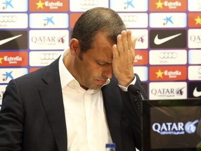 FC Barcelona president Sandro Rosell during Friday&#039;s press conference.  