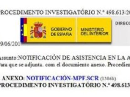 Ejemplo de comunicación falsa remitida a un correo electrónico facilitada por la Policía en Twitter