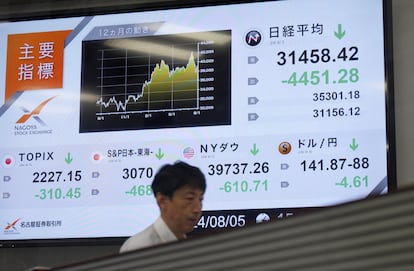 Un monitor muestra el desplome del Nikkei en una firma de Bolsa de Nagoya (Japón) el lunes 5 de agosto.