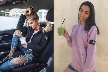 La bloguera Debi Flügge mezcla las tendencias del momento con abrigo de Napapijri y la modelo Adrianne Ho luce sudadera de Stone Island.