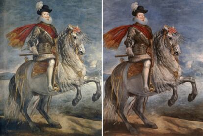 El Museo del Prado ha presentado algunas de las restauraciones más singulares concluidas este año. Un buen ejemplo es este <i>Felipe III a caballo</i>, de Velázquez. A la izquierda, el óleo de tres metros antes de la restauración, a la derecha, tras el arreglo.