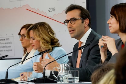 Los ministros Mónica García, Pilar Alegría, Carlos Cuerpo y Diana Morant en la comparecencia posterior al último Consejo de Ministros, este martes.