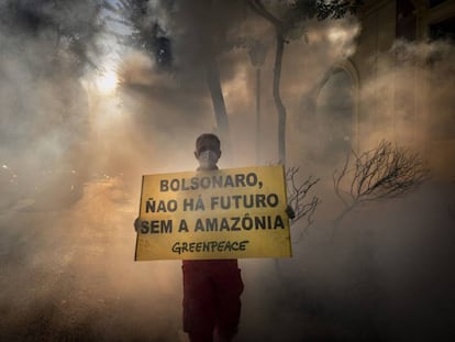 ONG Greenpeace Brasil faz protesto contra incêndios na Amazônia.