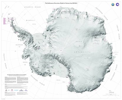 Vista del mapa de alta resolución bautizado como REMA que muestra el continente antártico.
