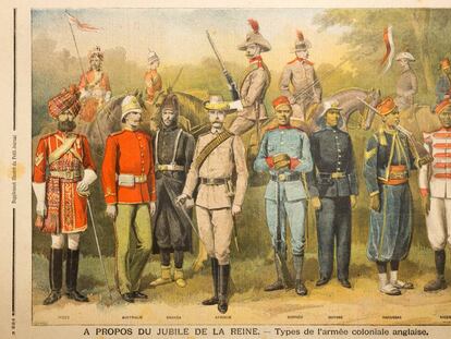 Diferentes tipos de uniforme militar del Ejército colonial británico, en un grabado de 1897.
