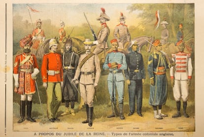 Diferentes tipos de uniforme militar del Ejército colonial británico, en un grabado de 1897.