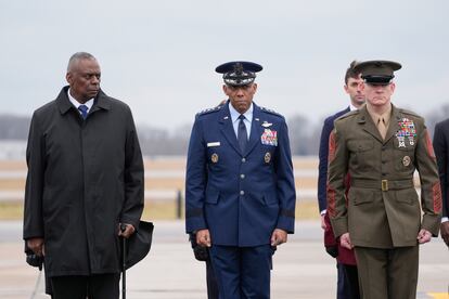 Defense Secretary Lloyd Austin, Chairman of the Joint Chiefs of Staff Gen. CQ Brown and Marine Corp. Sgt. Maj. Troy E. Black