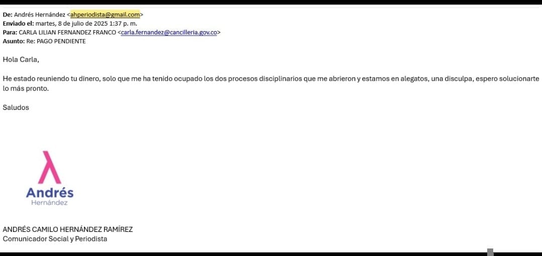 Correo de Andrés Hernández a Carla Fernández.