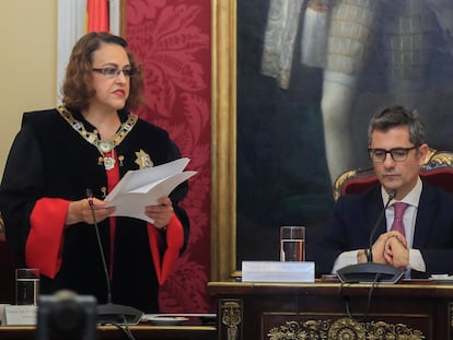 Magdalena Valerio en su toma de posesión como presidenta del Consejo de Estado, en noviembre de 2022, en un acto en Madrid presidido por el ministro de la Presidencia, Félix Bolaños.