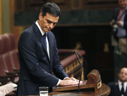 El secretario general del PSOE, Pedro Sánchez, durante su intervención en la tercera sesión del debate de investidura.