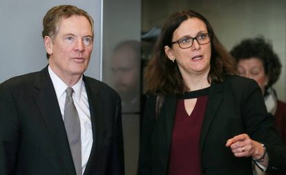 Robert Lighthizer, representante en materia de comercio de EE UU, y Cecilia Malmström, en Bruselas en marzo.