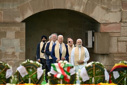 U.S. President Joe Biden visits Raj Ghat memorial with Prime Minister of India Narendra Modi and other G20 leaders, on Sept. 10, 2023, in New Delhi.