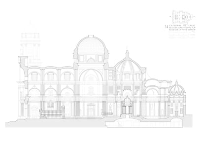 A plan of the Cádiz Cathedral drawn by the architect Juan Jiménez Mata, showing the vaults and roofs.