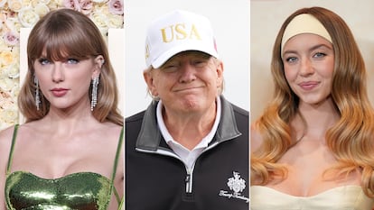 De izquierda a derecha: la cantante Taylor Swift, el presidente de Estados Unidos Donald Trump y la actriz Sydney Sweeney.