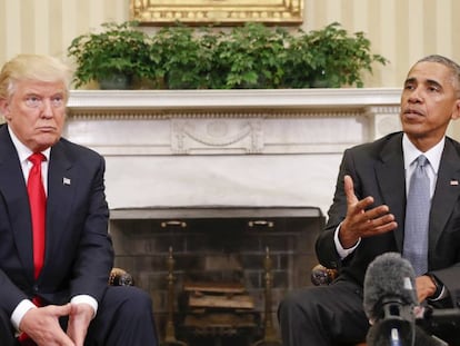 Trump and Obama meet in the Oval Office.