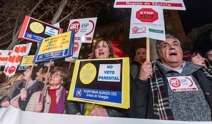 Un millar de personas protestan contra el veto parental este martes en Murcia convocados por la plataforma cívica Pacto por la Regeneración de Murcia.