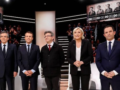 Los candidatos presidenciales: Francois Fillon, Emmanuel Macron, Jean-Luc Melenchon, Marine Le Pen y Benoit Hamon.