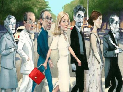 De izquierda a derecha: Agatha Christie, Salman Rushdie, Ian McEwan, J.K. Rowling, George Orwell, Virginia Woolf y Charles Dickens. Ilustración de Fernando Vicente