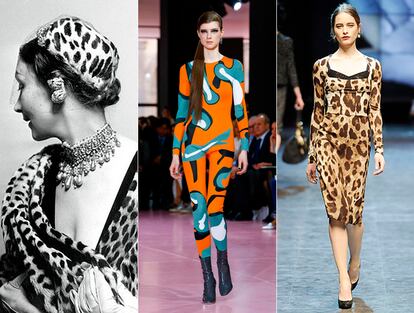 Retrato de Mitzah Bricard (la ‘mujer pantera’ amiga de Dior), colección de Dior en 2015 de Raf Simons con el estampado de forma abstracta y a la derecha, estampado de D&G en 2010.