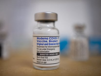 A vial of the Moderna coronavirus disease (Covid-19) booster vaccine targeting BA.4 and BA.5 Omicron sub variants is pictured on September 8, 2022.