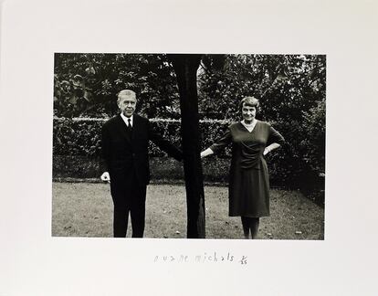 Rene & Georgette Magritte Holding Hands Behind a Tree, (1965)