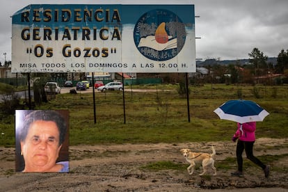 Entrada al geriátrico de Pereiro de Aguiar. Abajo a la izquierda, Rogelia Blanco.